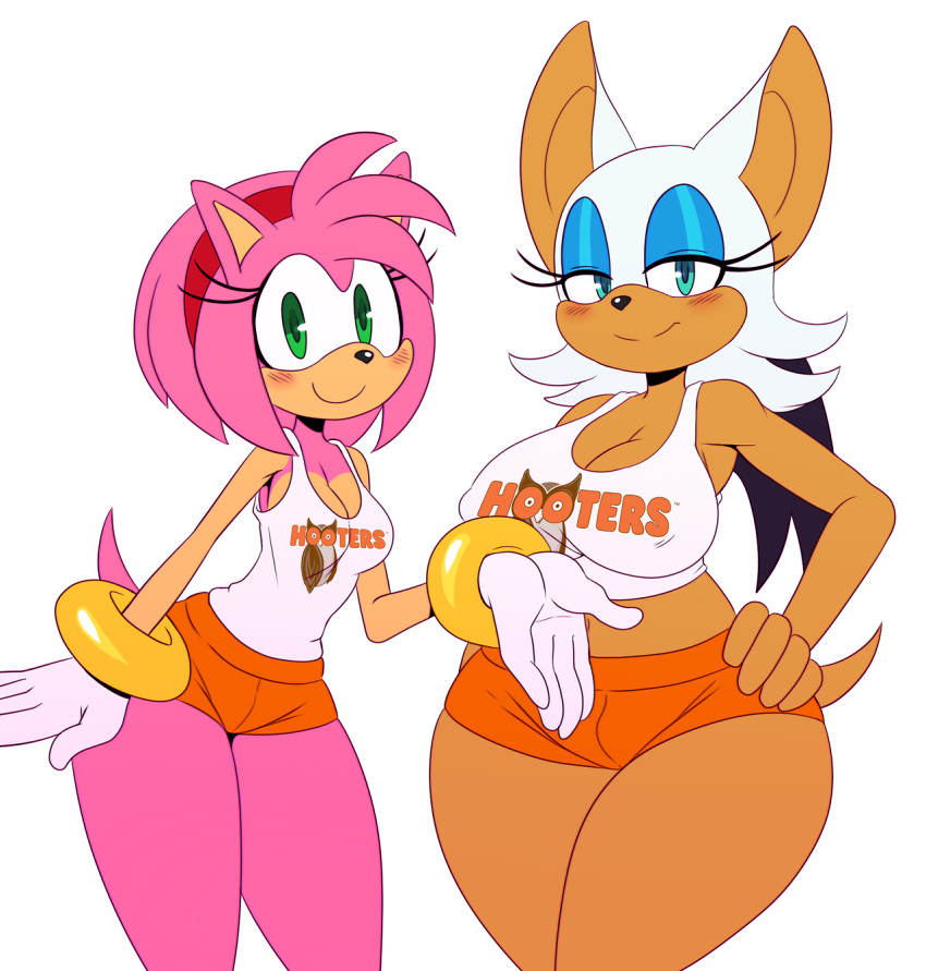 2_girls amy_rose animal_ears blush breasts cute furry hooters large_breasts looking_at_viewer multiple_girls pink_hair rouge_the_bat short_hair shorts smile sonic sssonic2 tail wings