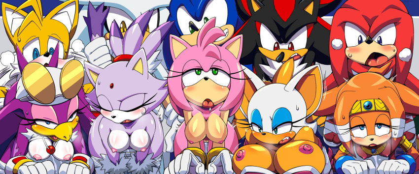 ahegao aku_tojyo amy_rose animal_ears bent_over big_breasts blaze_the_cat blue_eyes blush breasts closed_eyes from_behind furry glasses gloves green_eyes highres hot knuckles_the_echidna miles_"tails"_prower multiple_boys multiple_girls nipples nude pink_hair rouge_the_bat sex sexy shadow_the_hedgehog short_hair sonic sonic_the_hedgehog tail tikal_the_echidna wave_the_swallow