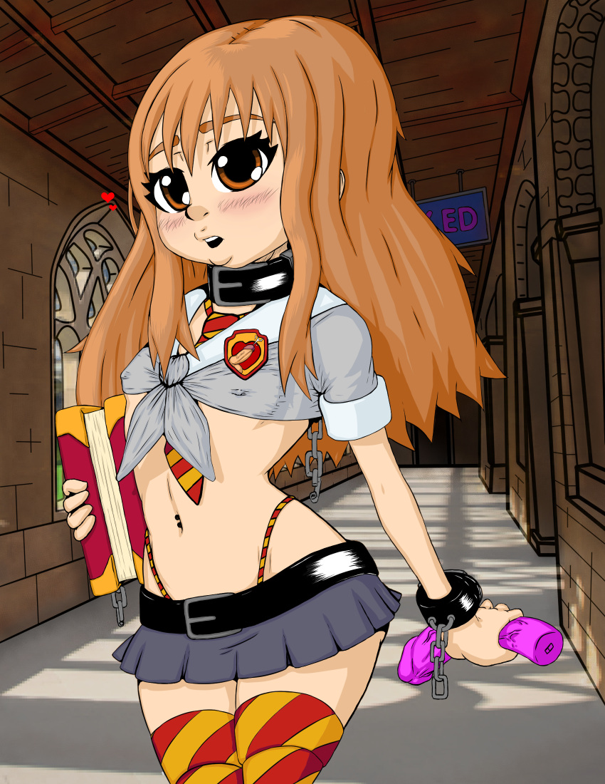 badge bdsm blonde_hair blush book brown_eyes brown_hair chain chains collar cuffs dildo embarrassed erect_nipples heart hermione_granger miniskirt neck_tie school_uniform shirt skimpy skirt small_breasts small_breasts stockings the_n35t thong tied_shirt