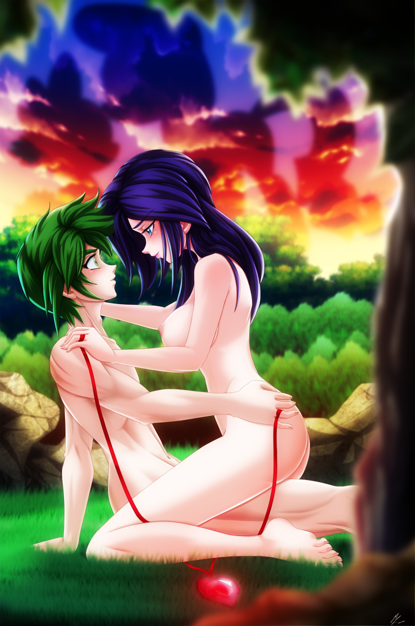 1_boy 1_girl 1boy 1girl ass blue_eyes blush breasts equestria_girls female friendship_is_magic girl_on_top green_eyes green_hair humanized long_purple_hair looking_at_each_other male male/female my_little_pony nude outdoor outside purple_hair rarity rarity_(mlp) sideboob spike spike_(mlp)