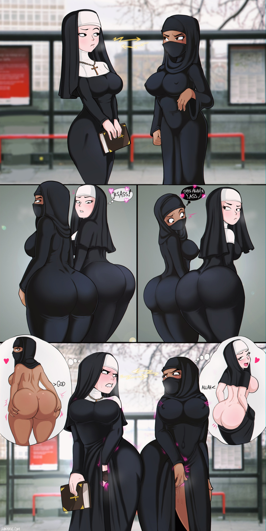 arabian ass beige_skin big_ass big_breasts black_eyes breasts brown_skin caucasian christian christianity dat_ass erect_nipples female habit heart hearts hijab islam looking_at_another looking_back looking_down mask masturbation muslim nipples nude nun pussy_juice shadman skin_tight tease text therealshadman thought_bubble tsundere yuri