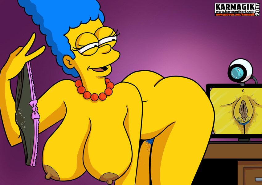1girl anus ass erect_nipples female female_only hanging_breasts huge_breasts karmagik marge_simpson nude panties_removed pubic_hair pussy the_simpsons thighs webcam