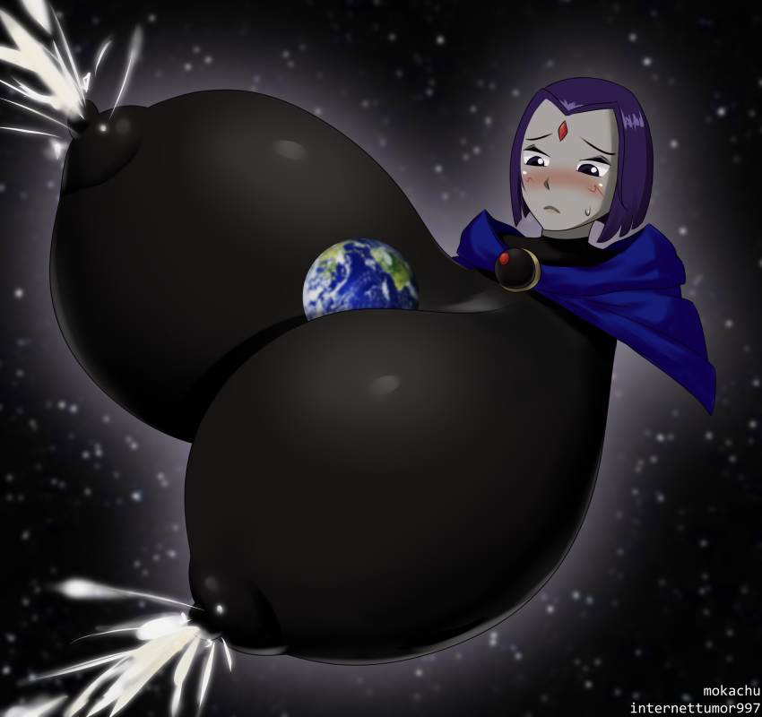 1girl big_breasts blush clothed_female dc_comics earth female_only gigantic_breasts half_demon huge_breasts hyper internettumor997 lactation lactation_through_clothes leotard mokachu nipples nipples_visible_through_clothing outer_space pale-skinned_female planet purple_eyes purple_hair rachel_roth raven_(dc) solo_female solo_focus superheroine teen_titans