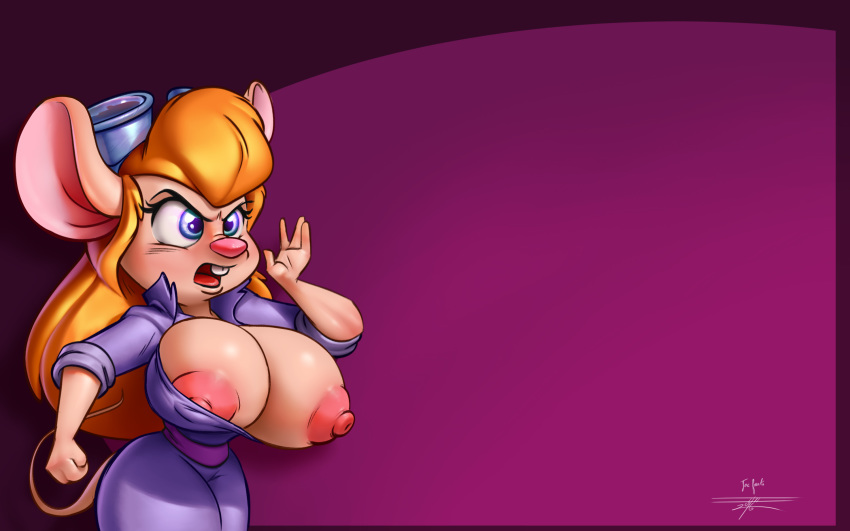 1girl 2016 angry anthro big_breasts blonde_hair blue_eyes breasts buckteeth chip_'n_dale_rescue_rangers clothing collaboration disney erect_nipples eyelashes eyewear eyewear_on_head furry gadget_hackwrench goggles hair huge_breasts joelasko long_hair mammal mouse nipple_slip nipples one_breast_out open_mouth rodent simple_background teeth transparent_background wardrobe_malfunction white-devil_(artist)