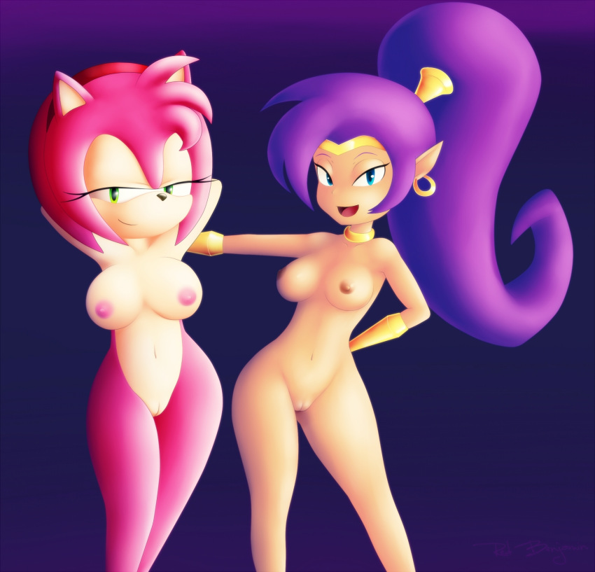 2girls amy_rose anthro arms_behind_head crossover female green_eyes hands_behind_head hedgehog humanoid looking_at_viewer nude pussy sega shantae shantae_(character) sonic_(series) sonic_team