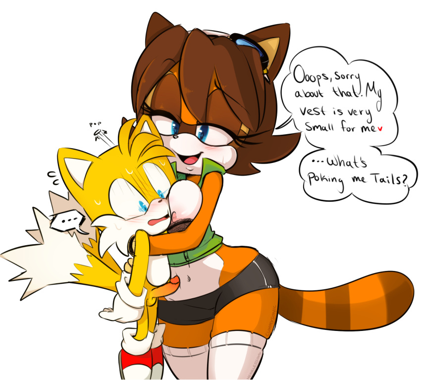 1girl 2018 age_difference anthro blue_eyes blush breasts brown_hair canine clothing cummysonic dialogue dipstick_tail duo english_text erection eyelashes eyewear footwear fox fur furry gloves goggles hair half-closed_eyes hearlesssoul heart hugging legwear lifted male male/female mammal miles_"tails"_prower multicolored_tail naval_the_raccoon navel nervous nipples older_female open_mouth orange_fur penis procyonid raccoon sega shoes short_hair size_difference stockings sweat testicles text video_games white_fur yellow_fur younger_male