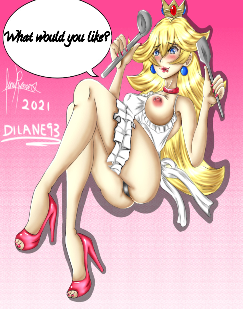 1girl apron apron_only ass big_ass big_breasts blonde_hair blue_eyes blush breasts_out_of_clothes breasts_outside choker crown dilane93 earrings female_only fingernails high_heels holding_object kitchen_utensils legs_together legwear long_hair long_legs looking_at_viewer mario_(series) nail_polish naked_apron nipple_slip nipples panties princess_peach smiling_at_viewer solo solo_female toeless_shoes toenail_polish tongue_out