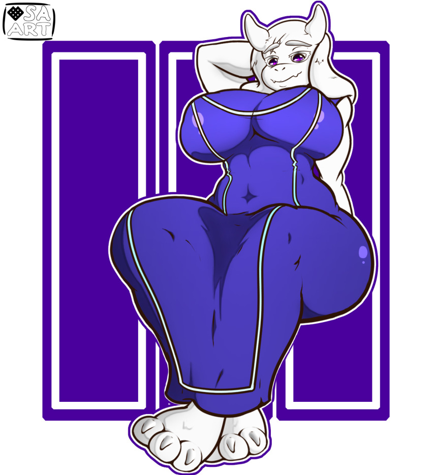 1girl 1girl 2016 anthro barefoot big_breasts boss_monster breasts caprine clothing fur furry goat high_res horn looking_at_viewer mammal mature_female milf parent smile strangeazian toriel undertale video_games white_fur