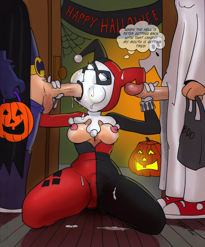 batman bobby_luv breasts cosplay cum cum_on_face erect_nipples erect_penis erection family_guy fellatio halloween harley_quinn holding_penis lois_griffin oral