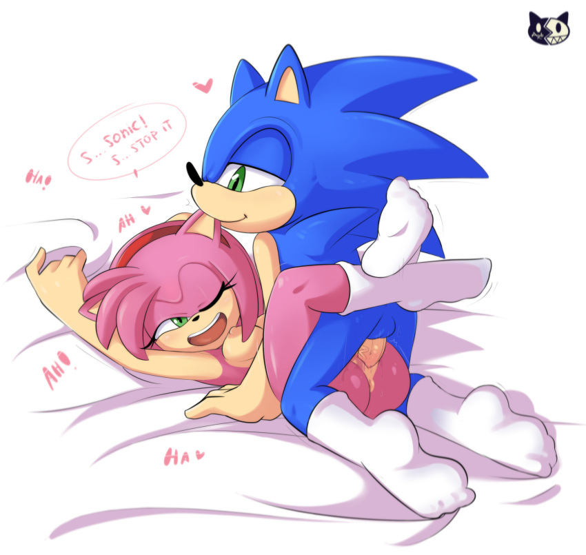 1girl amy_rose anus areola breasts ear_nibble grabbing_sheets green_eyes hairband happy_sex laughing missionary nipples nude on_bed pussy pussy_juice sega socks sonic_(series) sonic_the_hedgehog vaginal_penetration