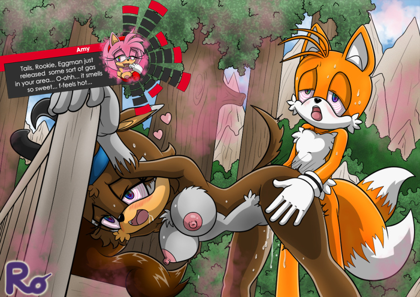 1boy 1girl amy_rose anthro big_breasts blush breasts cylia_the_antelope cylia_the_antelope_(raianonzika) doggy_position female femsub fox from_behind furry hedgehog hypnotic_gas male male/female malesub miles_"tails"_prower multiple_subs open_mouth pussy_juice raianonzika raianonzika_(artist) saliva sonic_(series) sonic_forces spiral_eyes sweat symbol_in_eyes text vaginal western