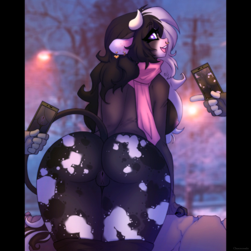 1girl 2018 5_fingers anthro ass biped black_fur black_hair black_tail blurry_background bottomless bovine breasts cattle cellphone chococosalo clothed clothing depth_of_field detailed_background digital_media_(artwork) disembodied_hand ear_piercing eyelashes facial_piercing fingerless_gloves fur furry gloves grey_clothing grey_topwear group hair high_res holding_object holding_phone horn leaning leaning_forward legwear long_hair looking_back mammal multicolored_fur multicolored_hair nipples nose_piercing nose_ring open_mouth outside phone piercing pillarbox presenting presenting_hindquarters purple_eyes purple_nipples pussy rear_view scarf septum_piercing signature smile solo_focus spots spotted_fur stockings street_lamp sweater tail_tuft teeth tree tuft two_tone_hair white_fur white_hair white_horn white_spots
