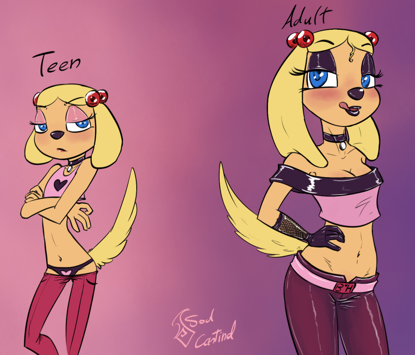&lt;3 1girl 2018 5_fingers aged_up anthro bedroom_eyes blonde_hair blue_eyes blush brandy_and_mr._whiskers brandy_harrington breasts canine choker cleavage clothed clothing collar crop_top crossed_arms digital_media_(artwork) disney dog english_text flat_chested furry gloves hair half-closed_eyes hand_on_hip high_res jeans lipstick looking_at_viewer makeup mammal midriff navel panties pants seductive shirt simple_background smile soulcentinel teasing teen text thong underwear