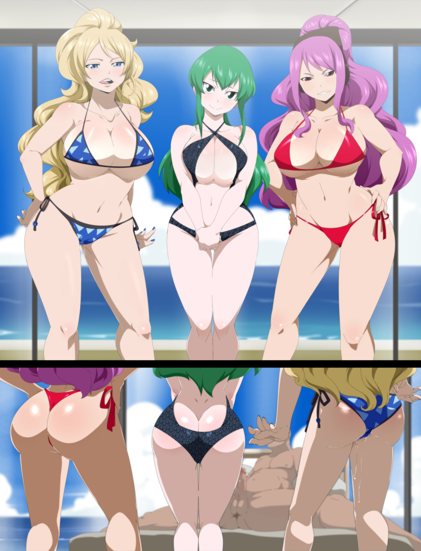 3_girls ass beach bikini blonde_hair blue_eyes breasts cute fairy_tail green_hair hisui_e._fiore jenny_realight large_breasts long_hair looking_at_viewer meredy_(fairy_tail) multiple_girls nipples penis pink_hair smile testicle