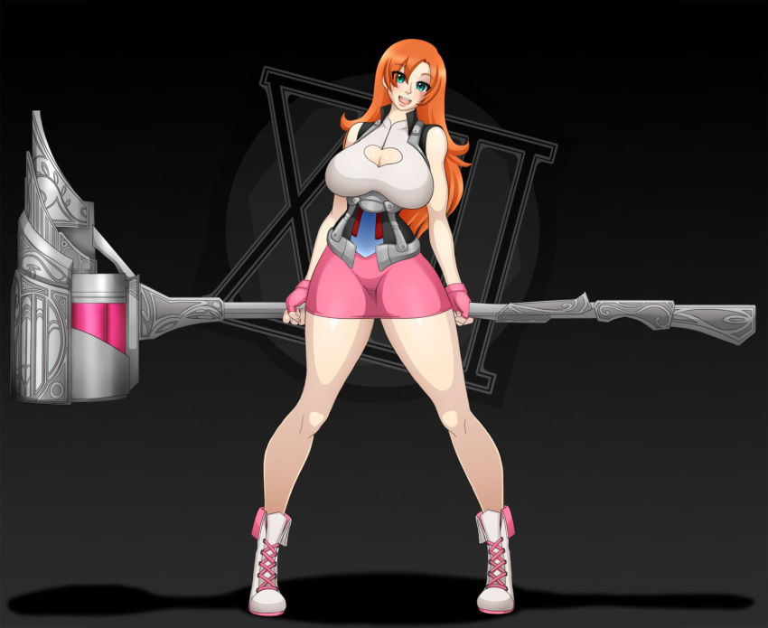 big_breasts breasts cleavage cleavage_cutout female green_eyes grenade_launcher hammer heart_cleavage_cutout heart_cutout nora_valkyrie orange_hair redhead rwby solo waifuholic weapon