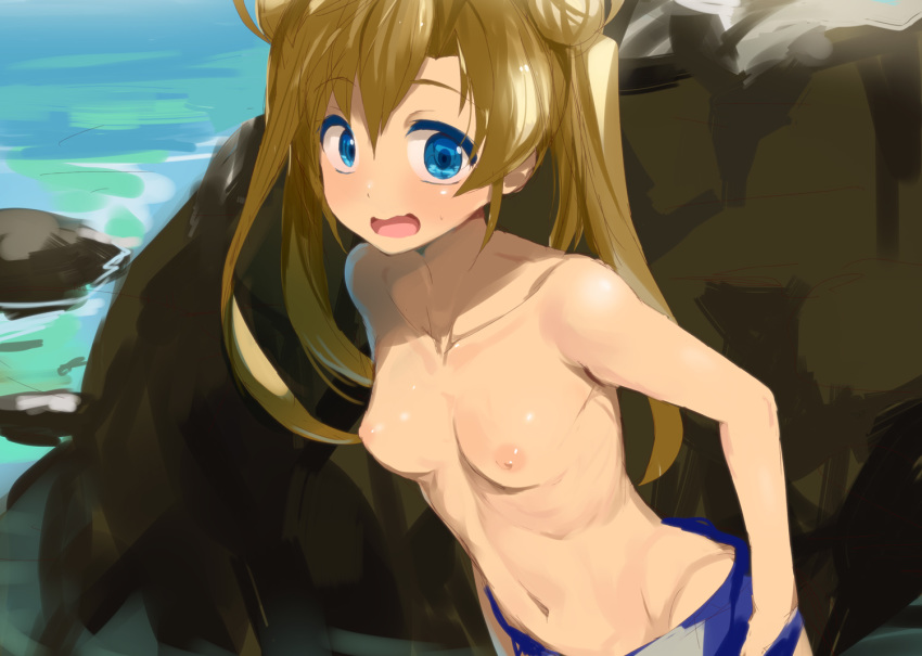 1girl 1girl 1girl abukuma_(kantai_collection) blue_eyes breasts double_bun female_only female_solo hair_rings kantai_collection kusaka_souji long_hair looking_at_viewer navel nipples open_mouth small_breasts tied_hair topless twin_tails undressing water wavy_mouth