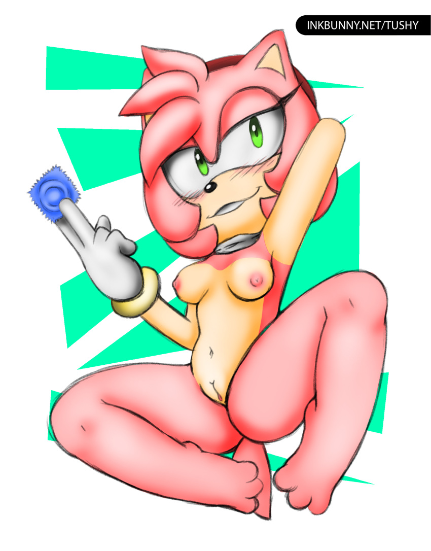 1girl amy_rose anthro areola bedroom_eyes blush bracelet breasts choker clothing condom furry gloves green_eyes hairband half-closed_eyes hand_behind_head hedgehog high_res holding_condom holding_object inkbunny inviting jewelry mammal navel nipples nude paws pussy seductive sega smile spread_legs spreading url