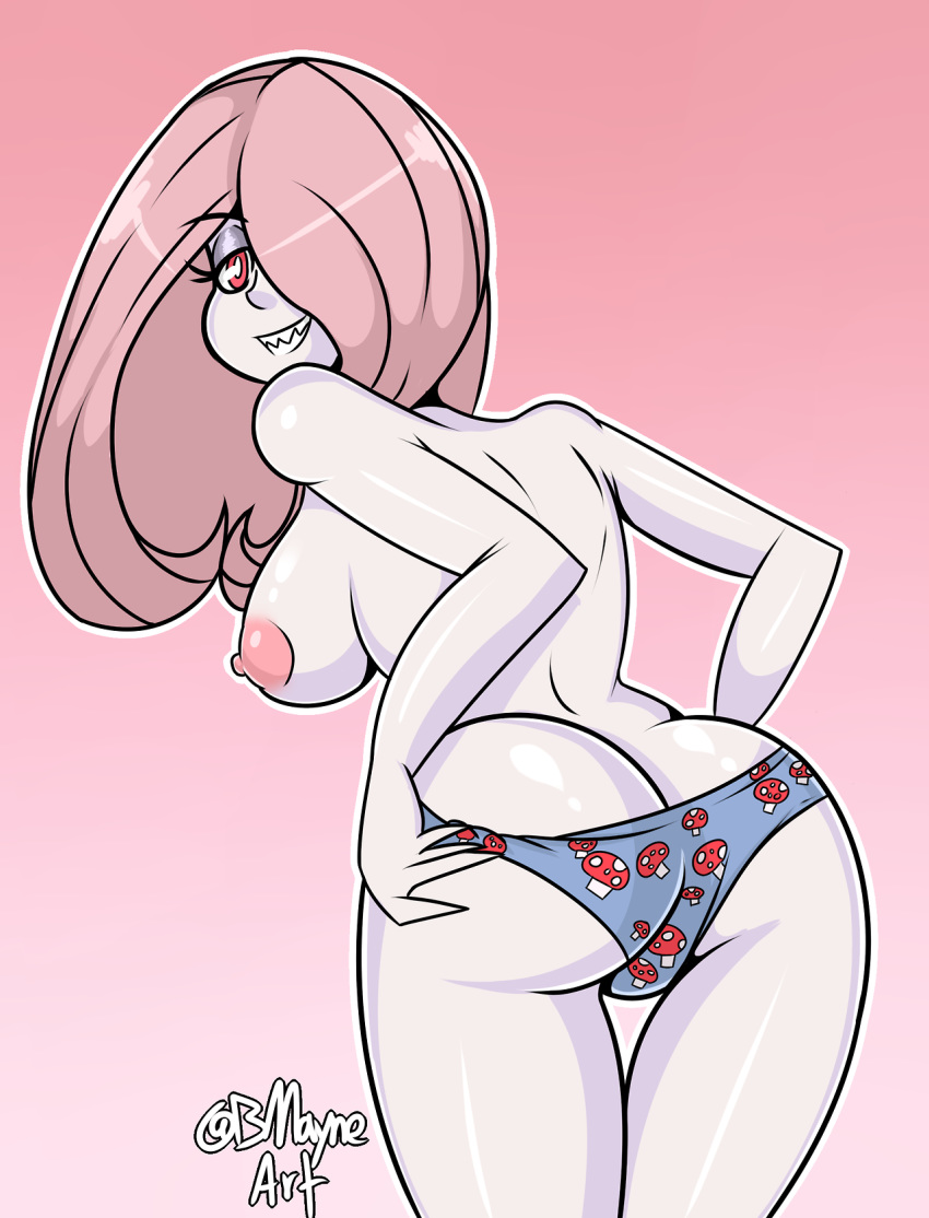 areola areolae artist_name bmayyneart dat_ass hair_over_one_eye huge_areolae little_witch_academia looking_at_viewer looking_back panties printed_panties signature sucy_manbavaran topless