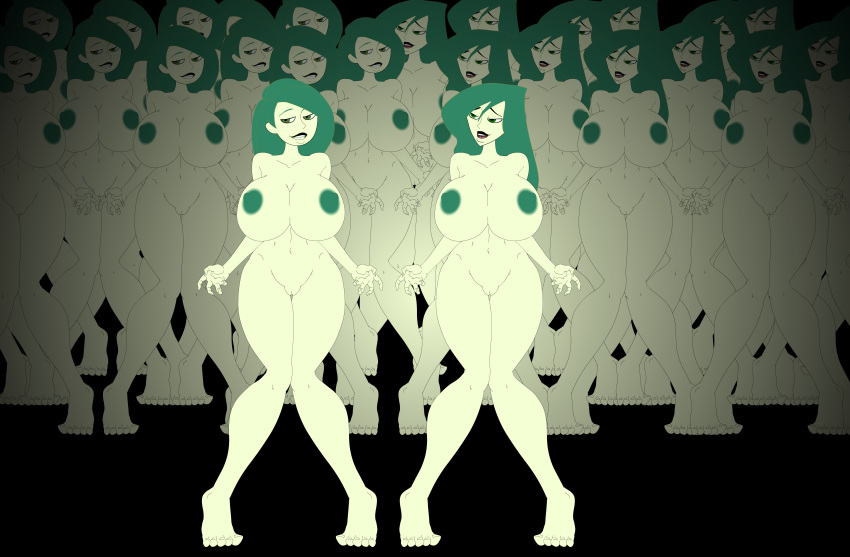 areolae ass big_ass big_breasts breasts clones commission disney dk female green_eyes green_hair green_skin kim_possible kimberly_ann_possible nipples nude pussy riffsandskulls shego yuri