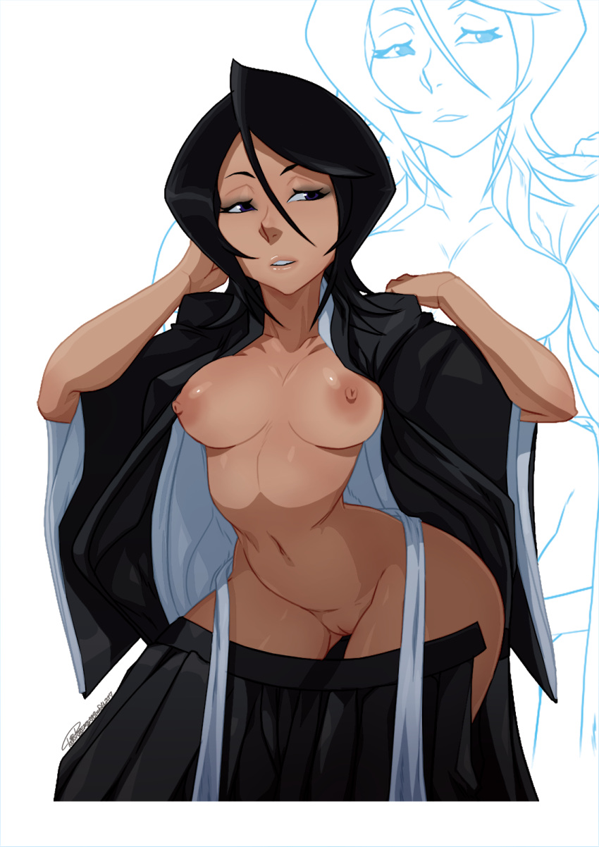 1girl 1girl 1girl bare_breasts black_hair bleach breasts curvaceous female_focus female_only functionally_nude high_resolution kuchiki_rukia medium_breasts open_clothes open_robe thick_thighs thighs tovio_rogers undressing wide_hips