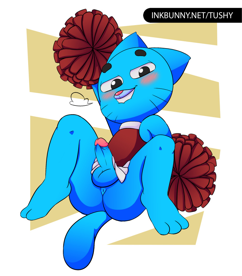 1girl 2018 anthro anus ass blue_fur blush bulge cartoon_network cat cheerleader clothed clothing crossdressing digital_media_(artwork) erection feline fur furry girly gumball_watterson high_res inkbunny looking_at_viewer lying male mammal on_back partially_clothed penis pom_poms presenting presenting_anus simple_background skirt smile spread_legs spreading testicles the_amazing_world_of_gumball