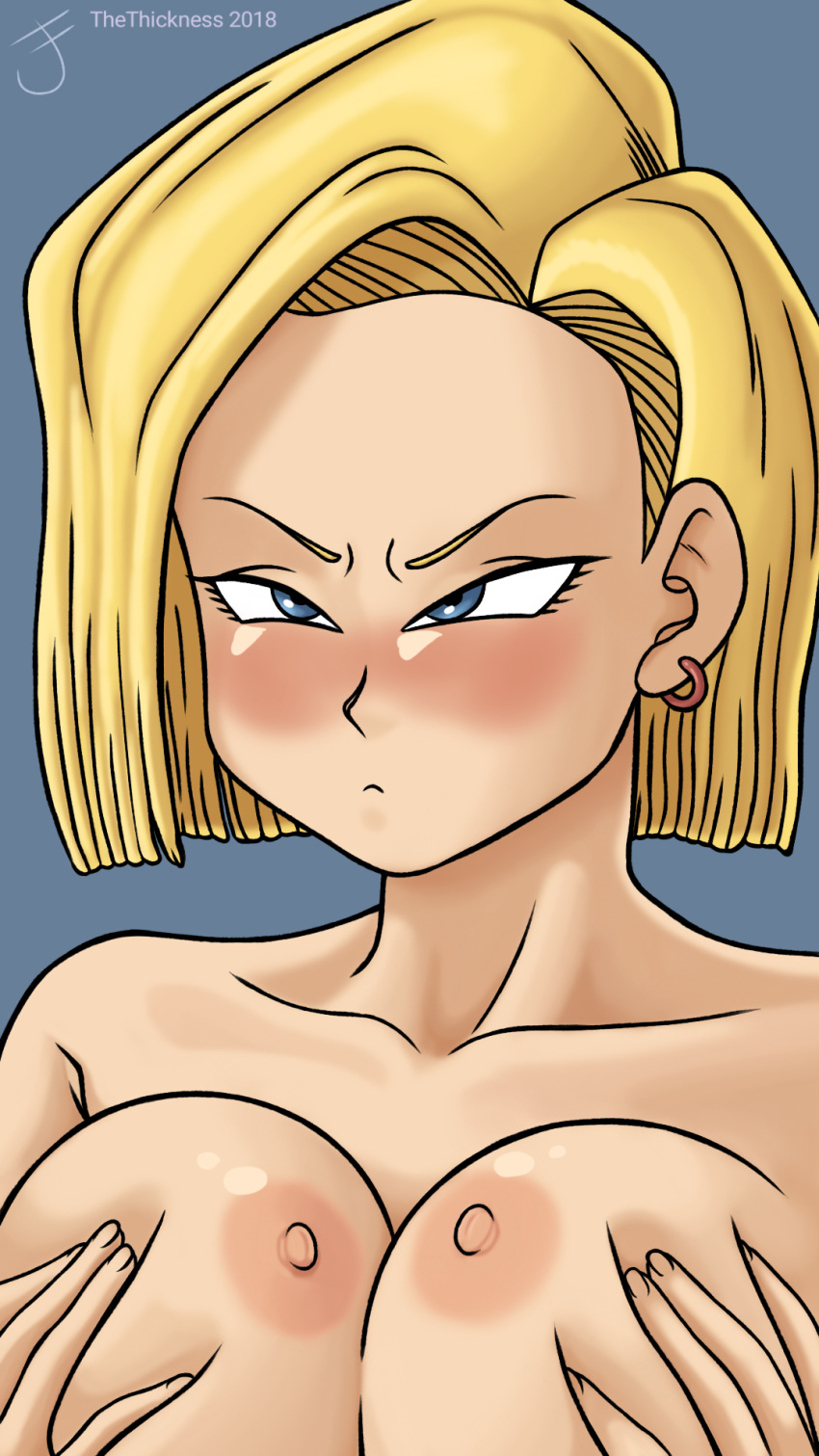 1girl 2018 android_18 blonde_hair blush breast_grab breast_lift dragon_ball embarrassed nude thethickness upper_body