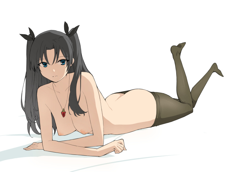 1girl 1girl 1girl arm_support ass bad_id bad_pixiv_id black_hair black_legwear blue_eyes breasts downpants fate/stay_night fate_(series) hair_ornament hair_ribbon jewelry long_hair looking_at_viewer lying medium_breasts nipples nishi_tanuki on_stomach pantyhose pantyhose_pull pendant posterior_cleavage ribbon rin's_pendant stockings tied_hair tohsaka_rin topless twin_tails two_side_up white_background