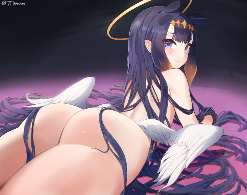 1girl 1girl 1girl ass bangs bare_ass blunt_bangs blush completely_nude dark_background from_behind hair_flowing_over hair_spread_out halo hololive hololive_english jtveemo long_hair looking_back lying mole mole_under_eye ninomae_ina'nis ninomae_ina'nis_ch. nude on_stomach pointed_ears purple_eyes purple_hair tentacle_hair twitter_username very_long_hair virtual_youtuber wings