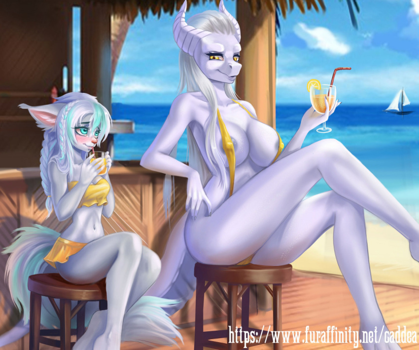 2_girls beach big_breasts caddea character_request dragon female_only fur furry mis'alia ocean outside