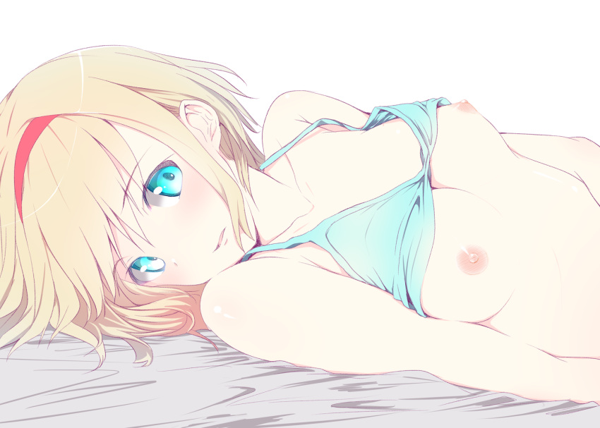 1girl 1girl 1girl alice_margatroid bare_shoulders blonde blue_bra blue_eyes blue_underwear bra bra_lift breasts clavicle eyebrows_visible_through_hair hairband looking_at_viewer lying nipples nirap on_back parted_lips red_hairband short_hair simple_background small_breasts touhou underwear_sex white_background