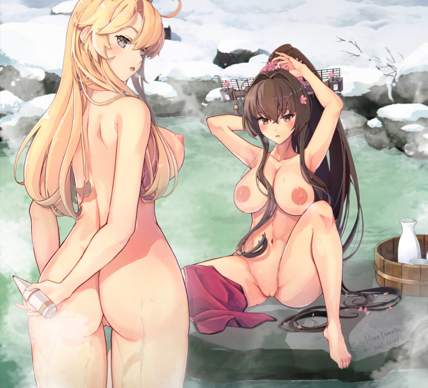 1girl 2_girls ass big_breasts blonde_hair blue_eyes bottle breasts brown_hair censored cherry_blossom choko_(cup) cloud cloudy_sky completely_nude convenient_censoring cup from_behind headgear high_resolution himeyamato iowa_(kantai_collection) kantai_collection long_hair multiple_girls navel nipples nude onsen ponytail posterior_cleavage pussy rock sake_bottle sky snow soap_bubbles star star-shaped_pupils star_(symbol) symbol-shaped_pupils tied_hair towel uncensored yamato_(kantai_collection)