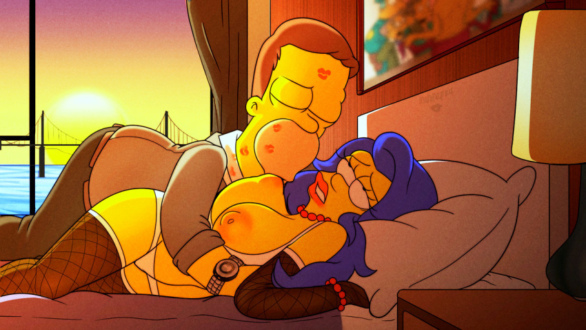 breasts erect_nipples fishnets gloves homer_simpson lipstick marge_simpson panties sucking_nipples the_simpsons