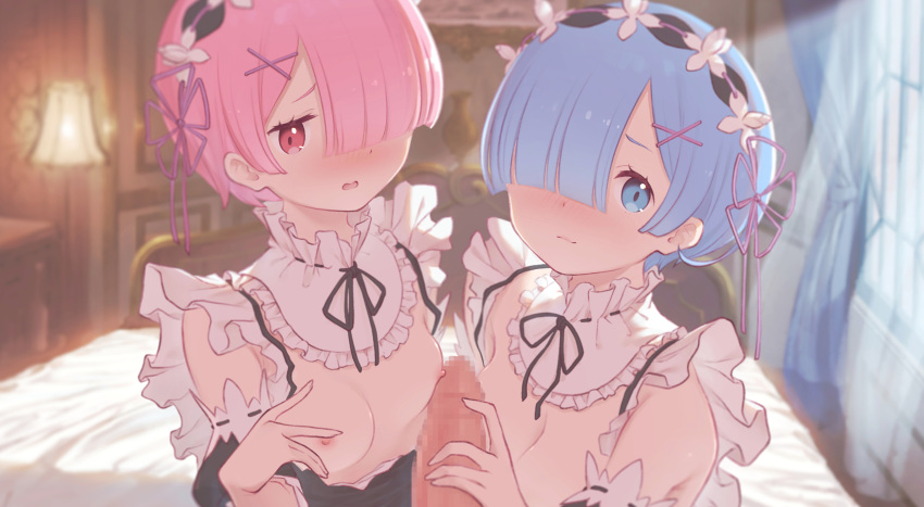 1boy 1girl 2_girls apron areola bangs bedroom blue_eyes blue_hair blush bow breasts breasts_out_of_clothes censored cleavage clothing detached_collar dress embarrassed female_focus frilled_apron frilled_dress frills groping hair_ornament hair_over_one_eye hair_ribbon hairband hairclip hetero high_resolution indoors looking_at_viewer maid male matching_hair_and_eye_color medium_breasts mosaic_censoring multiple_girls nipples open_mouth penis penis_grab penis_on_breast pink_eyes pink_hair pov ram_(re:zero) re:zero_kara_hajimeru_isekai_seikatsu rem_(re:zero) ribbon sanooxo short_hair siblings sister sisters sleeveless small_breasts twin twins x_hair_ornament