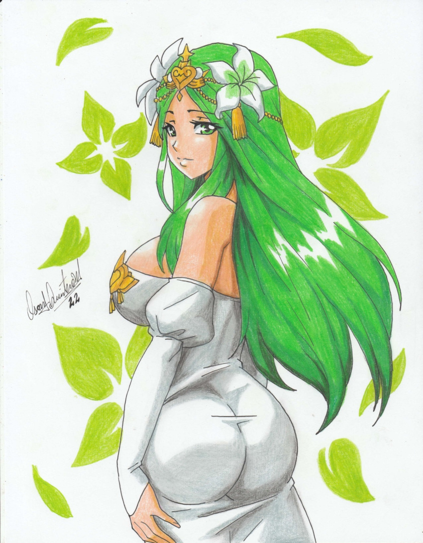 1girl 1girl 2022 alluring ass ass_focus big_breasts breasts cleavage commission dress fire_emblem fire_emblem:_three_houses flower flower_on_head green_eyes green_hair hand_on_own_hip high_res huge_ass jewelry leaf leaf_background long_hair mature_female nintendo ravern_clouk ravernclouk_design rhea_(fire_emblem) sleeveless sleeveless_dress tight_clothes white_dress