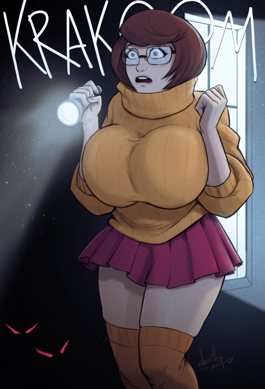 1girl big_breasts breasts brown_eyes brown_hair dark_background devil_hs eyes_wide_open female female_focus freckles glasses hanna-barbera haunted_house holding_object lantern legs miniskirt nerdy_female onomatopoeia scared scared_expression scared_face scooby-doo short_hair short_skirt skirt spooky stockings surprise surprised surprised_expression sweater text thick_thighs thighs tights turtleneck turtleneck_sweater velma_dinkley wide_eyed