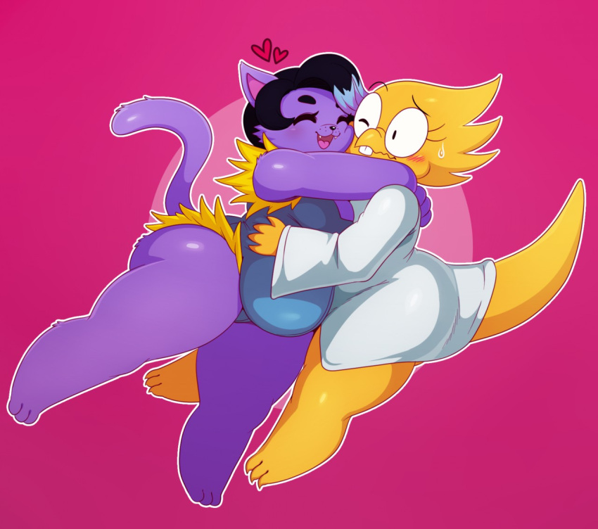 2_girls 2d 2d_(artwork) 2girls 3_toes 4_fingers alphys alphys_(undertale) anthro anthro_only ass barefoot big_ass big_breasts black_hair blue_hair blush cat cat_girl cat_tail catty_(undertale) chubby chubby_anthro chubby_female closed_eyes clothing coat cute digital_media_(artwork) domestic_cat duo embrace eyewear fangs feet felid feline felis female/female female_only fingers fur glasses grin hair heart hugging lab_coat lizard lizard_girl magenta_background mammal multicolored_hair open_mouth pink_background purple_body purple_fur purple_hair reptile reptile_girl reptile_tail scales scalie simple_background slightly_chubby smile solid_color_background sssonic2 sweat sweatdrop tail teeth third-party_source toes tongue topwear two-tone_background two_tone_background two_tone_hair undertale undertale_(series) video_game_character video_games wholesome yellow_body yellow_scales yellow_skin
