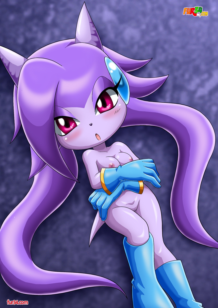 1girl anthro bbmbbf blush breasts dragon female female_only freedom_planet fur34 fur34* looking_at_viewer naked_boots naked_gloves nipples nude palcomix pussy sash_lilac video_games