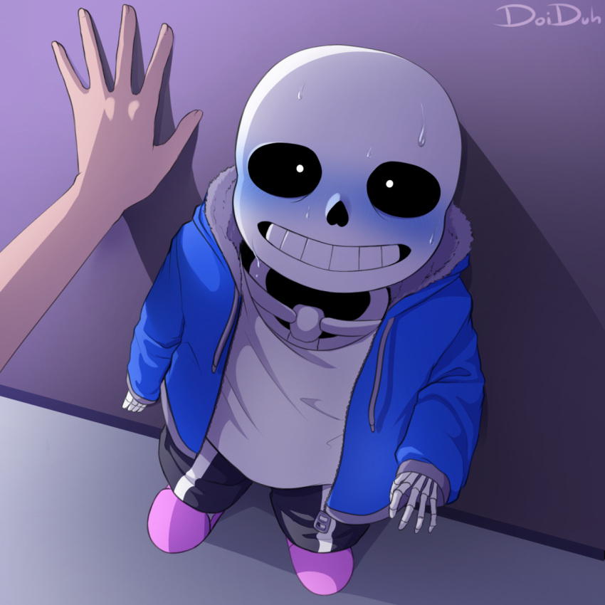 1:1 1:1_aspect_ratio 1boy 2d 2d_(artwork) animated_skeleton artist_name blue_blush blue_hoodie blue_jacket blush bottom_sans clothed digital_media_(artwork) doiduh dominant_pov from_above hand hooded_jacket hoodie jacket kabedon looking_at_viewer male male_focus monster pink_slippers pov sans sans_(undertale) skeleton slippers solo_focus submissive surprised surprised_expression sweat uke_sans undertale undertale_(series) video_game_character video_games wall wall_(structure)