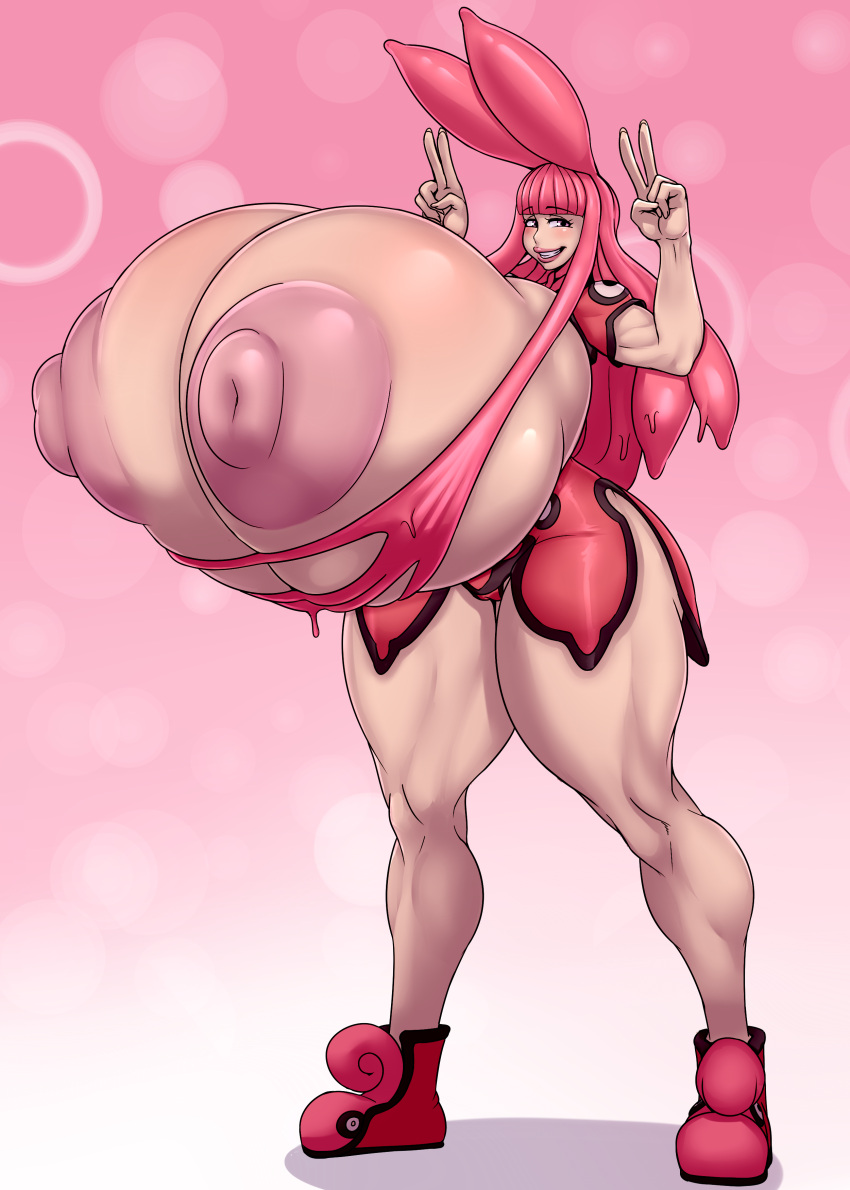 ber00 breast_expansion bunny_ears gigantic_ass gigantic_breasts hourglass_figure inflation melona pink_eyes pink_hair queen's_blade slime_girl smirk