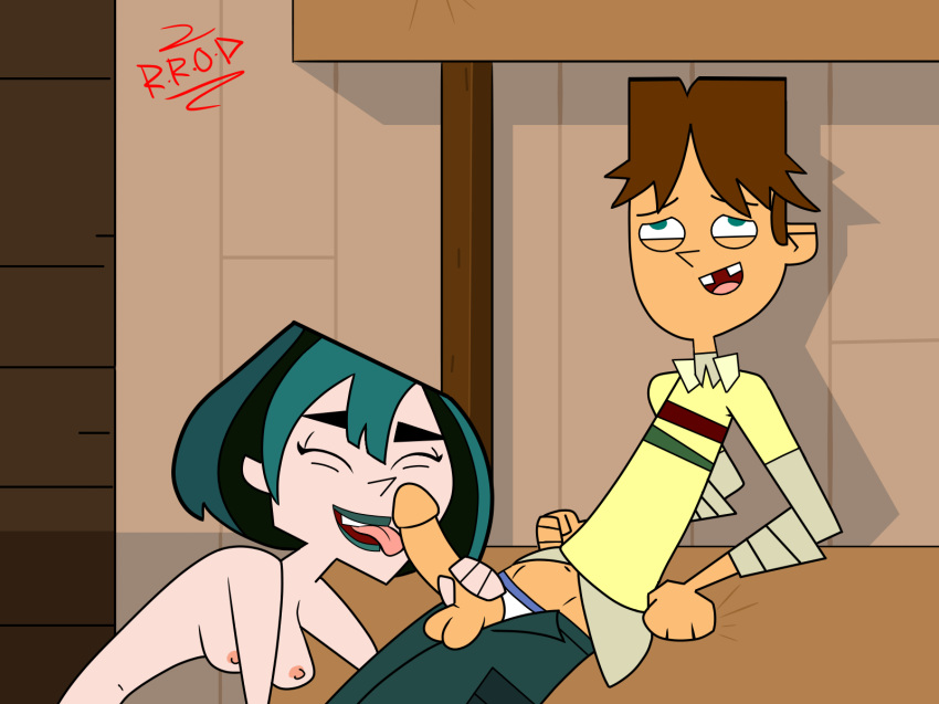 1girl black_eyes black_hair breasts cartoon_network cody_(tdi) dyed_hair goth green_hair green_lipstick gwen_(tdi) hourglass_figure licking_penis male male/female oral pale-skinned_female penis testicles thick_ass thick_legs thick_thighs topless topless_(female) total_drama_island two_tone_hair uncensored