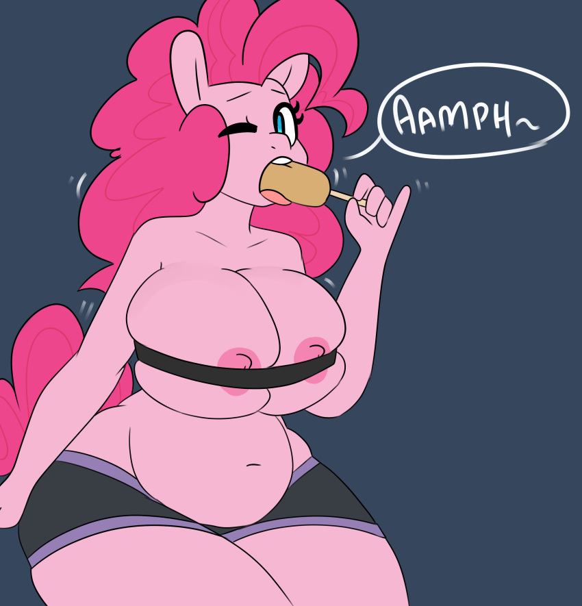 1girl 1girl 2015 anthro anthrofied areola big_breasts blue_eyes breasts clothed clothing earth_pony equine erect_nipples friendship_is_magic furry hair high_res horse huge_breasts mammal my_little_pony navel nipples one_eye_closed pink_hair pinkie_pie_(mlp) pony skimpy slightly_chubby somescrub thick_thighs voluptuous
