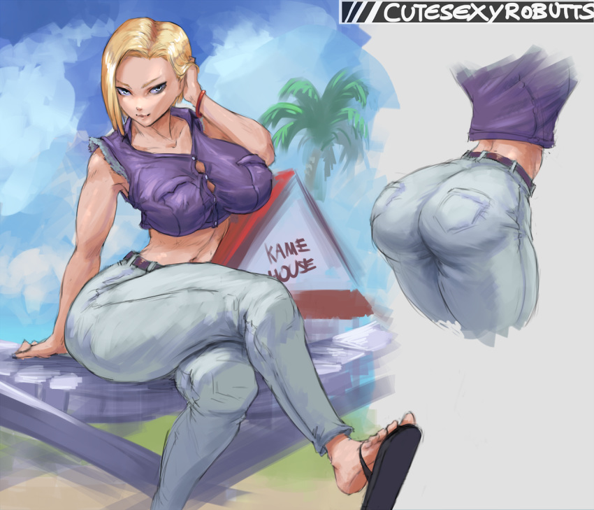 1girl android_18 arched_back big_breasts blonde_hair blue_eyes breasts cutesexyrobutts dragon_ball_z looking_at_viewer midriff navel outside short_hair sitting solo thick_thighs thighs toned wide_hips