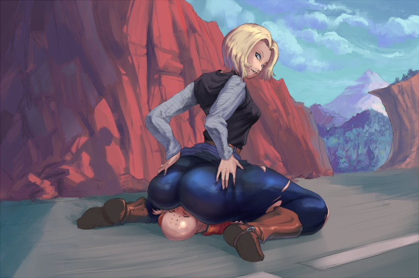 1boy 1girl android_18 arched_back ass blonde_hair blue_eyes cutesexyrobutts day dragon_ball_z facesitting fully_clothed krillin large_ass outside seiza short_hair sitting solo_focus thick_thighs thighs torn_clothes torn_pants