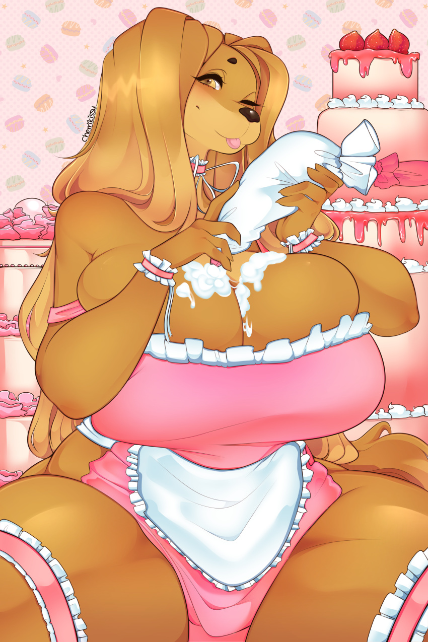 1girl 2018 absurd_res amber_eyes anthro apron big_breasts black_nose breasts cake canine cherrikissu clothing digital_media_(artwork) dog dogmom_(cherrikissu) food frosting furry hair high_res huge_breasts long_hair looking_at_viewer mabel_(cherrikissu) mammal one_eye_closed original saluki thick_thighs tongue tongue_out wink