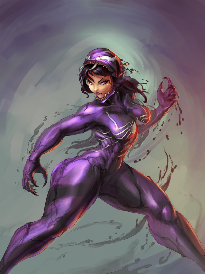 1girl abs ass black_hair cleavage cutesexyrobutts genderswap gradient_background green_eyes large_ass marvel muscular muscular_female standing symbiote thick_thighs thighs toned venom wide_hips