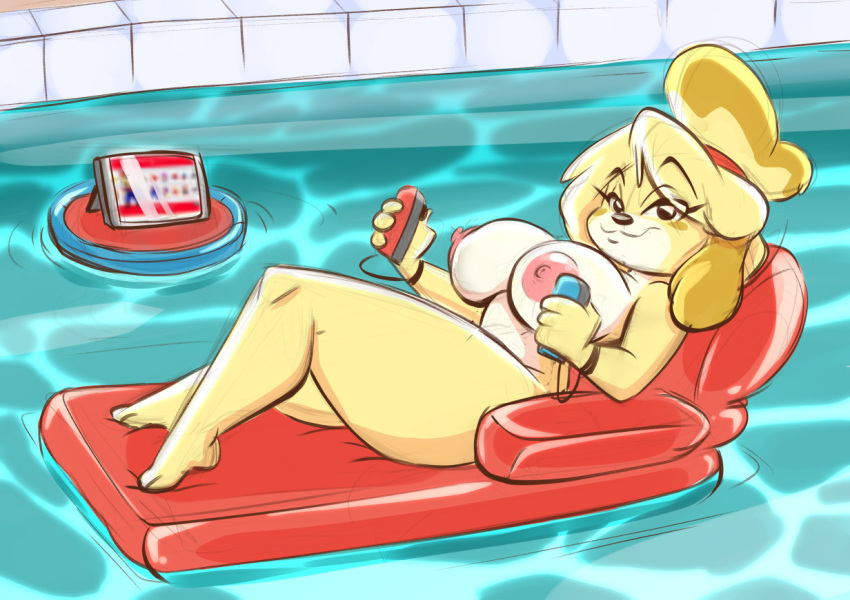 animal_crossing anthro areola big_breasts breasts canine controller digital_media_(artwork) eyelashes feet female female_only fur furry high_res hips inflatable_raft isabelle_(animal_crossing) joelasko looking_at_viewer nintendo nintendo_switch nipples nude pool super_mario_odyssey swimming_pool technology thick thick_thighs thighs video_games voluptuous wide_hips yellow_fur