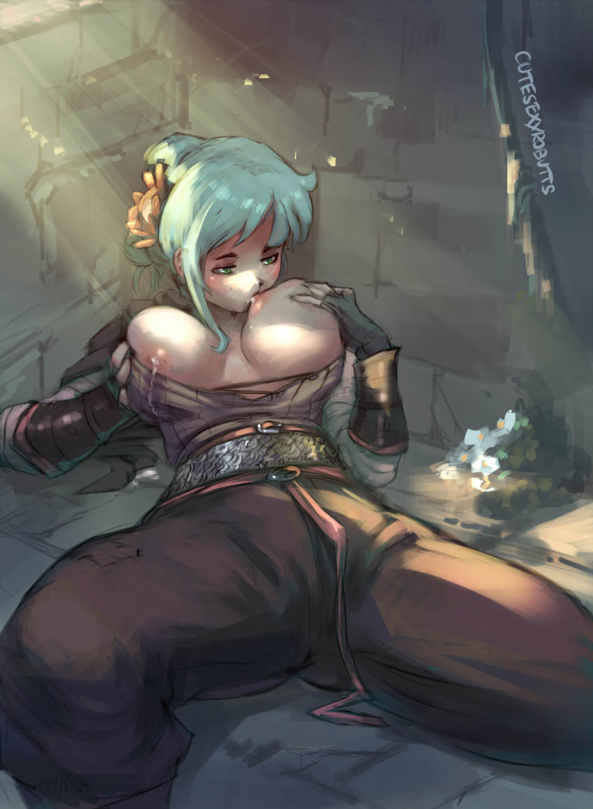 1girl 1girl areola big_breasts breast_sucking breasts breasts_outside cutesexyrobutts dungeons_and_dragons fingerless_gloves green_eyes green_hair lactation lying nipples on_back original spread_legs