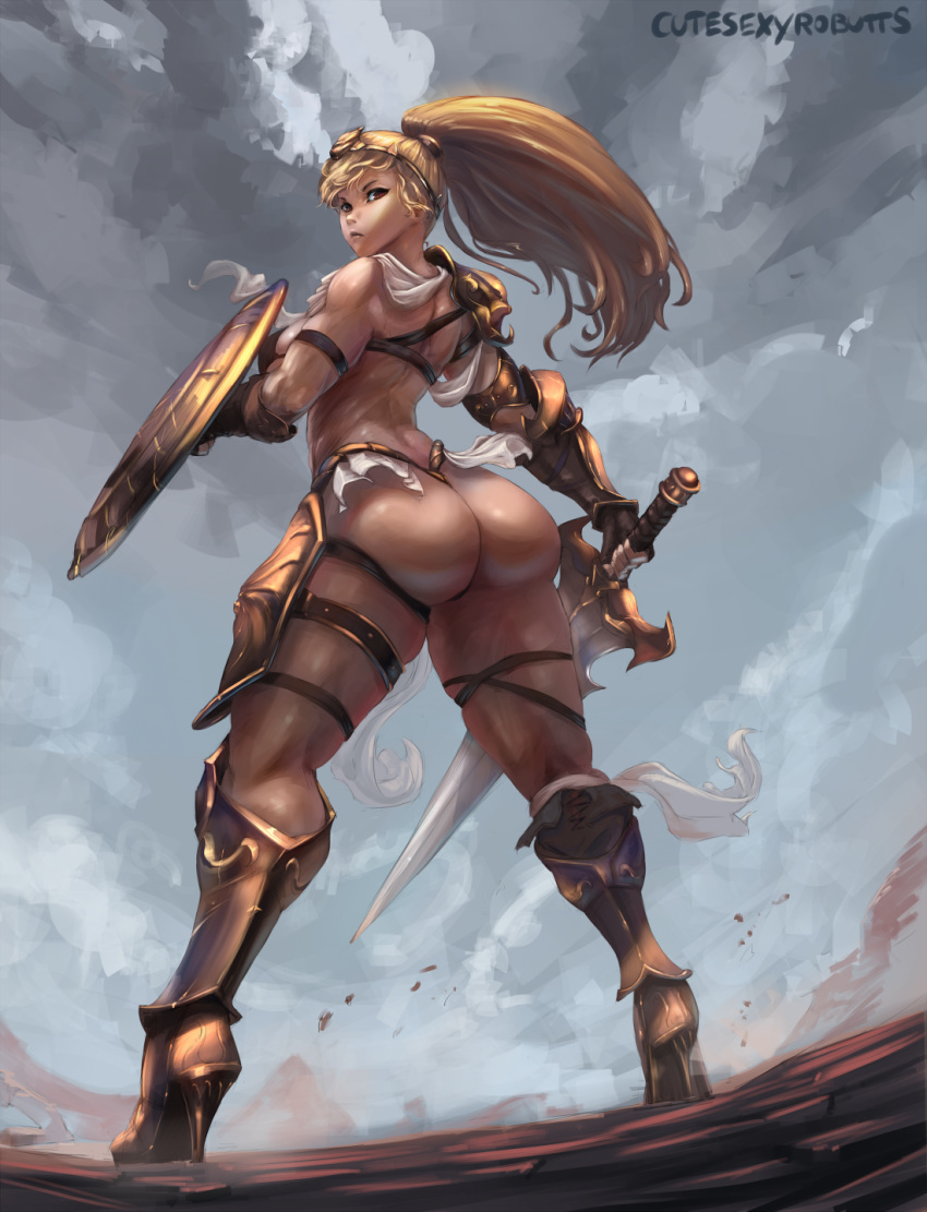arched_back ass blonde_hair cutesexyrobutts large_ass long_hair muscular muscular_female original ponytail shield shiny shiny_skin sideboob skindentation standing sword thick_thighs thighs toned wide_hips