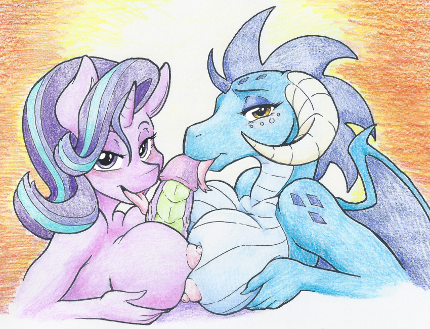 1girl 2018 anthro areola breasts dragon equine erection first_person_view flicker-show friendship_is_magic furry horn licking looking_at_viewer male male/female mammal my_little_pony nipples oral paizuri penis princess_ember sex spike starlight_glimmer threesome tongue tongue_out traditional_media_(artwork) unicorn