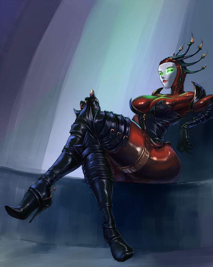 1girl black_clothes black_thighhighs cleavage corset cutesexyrobutts elbow_gloves glowing_eyes green_eyes hexadecimal legwear looking_at_viewer reboot robot robot_girl shiny shiny_skin sitting stockings